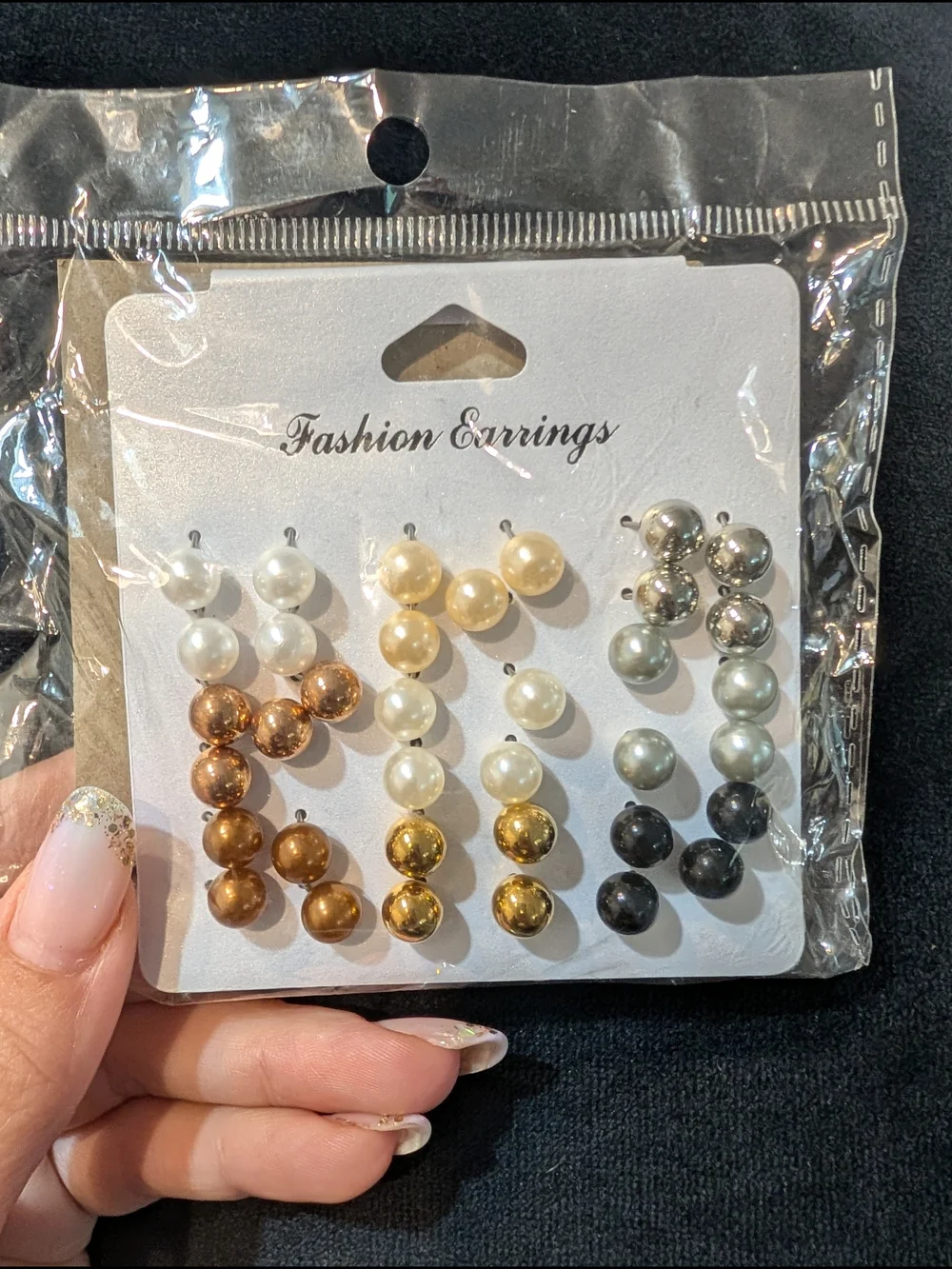 9 Pair Pearl and Metallic Stud Set - White, Gold, Rose Gold, Silver, Black